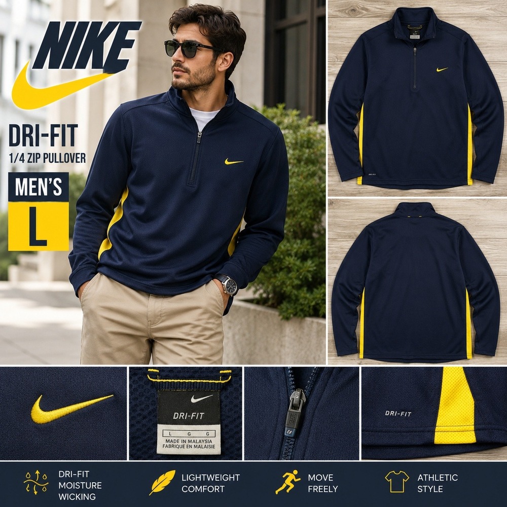 Nike Dri-FIT Mens L 1/4 Zip Pullover Navy Blue Yellow Training Top Sweatshirt